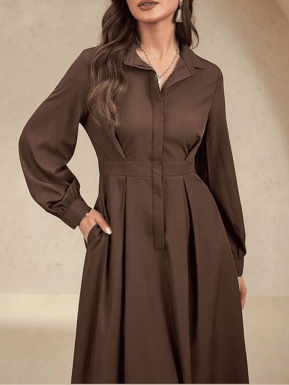 Classic Long Sleeve Brown Shirt Dress with Waist Tie